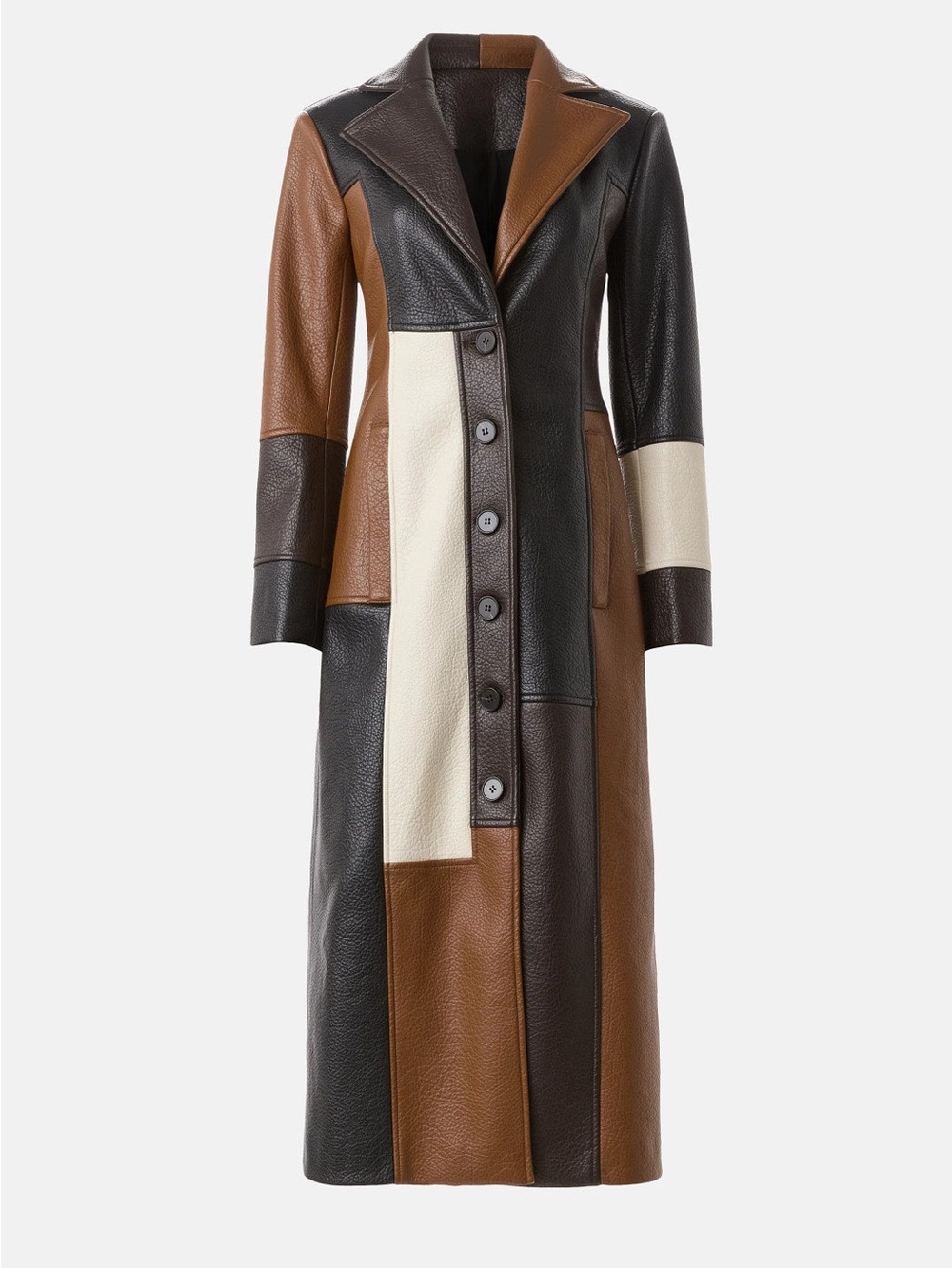 Colorblock Faux-Leather Long Coat in Brown, Dark Brown & Cream - Picture 5 of 9